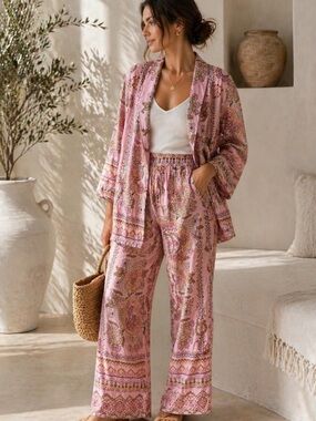 Pink Boho Printed Matching Set Blazer & Pants Chic Summer Outfit